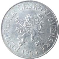obverse of 10 Haléřů (1953 - 1958) coin with KM# 38 from Czechoslovakia. Inscription: REPUBLIKA ČESKOSLOVENSKÁ 1954