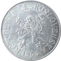 Czechoslovakia coin 10 Haléřů (1953 - 1958) obverse obverse of 10 Haléřů (1953 - 1958) coin with KM# 38 from Czechoslovakia. Inscription: REPUBLIKA ČESKOSLOVENSKÁ 1954