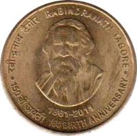 reverse of 5 Rupees - Rabindranath Tagore (2011) coin with KM# 393 from India. Inscription: रबीन्द्रनाथ टैगोर RABINDRANATH TAGORE 1861 - 2011 150 वीं जयंती 150 BIRTH ANNIVERSARY