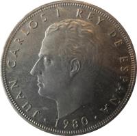 Spain coin 100 Pesetas - Juan Carlos I - 1982 FIFA World Cup (1980) obverse obverse of 100 Pesetas - Juan Carlos I - 1982 FIFA World Cup (1980) coin with KM# 820 from Spain. Inscription: JUAN CARLOS REY DE ESPAÑA · 1980 ·