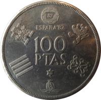 Spain coin 100 Pesetas - Juan Carlos I - 1982 FIFA World Cup (1980) reverse reverse of 100 Pesetas - Juan Carlos I - 1982 FIFA World Cup (1980) coin with KM# 820 from Spain. Inscription: ESPAÑA '82 100 PTAS