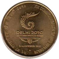 reverse of 5 Rupees - 19th Commonwealth Games - Delhi 2010 (2010) coin with KM# 391 from India. Inscription: १९ वां राष्ट्रमंडल खेल दिल्ली २०१० XIX COMMONWEALTH GAMES 2010 DELHI DELHI 2010 XIX COMMONWEALTH GAMES 3-14 OCTOBER 2010