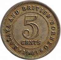reverse of 5 Cents - Elizabeth II - 1'st Portrait (1953 - 1961) coin with KM# 1 from Malaya and British Borneo. Inscription: MALAYA AND BRITISH BORNEO 5 CENTS 1961