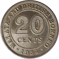 Malaya and British Borneo coin 20 Cents - Elizabeth II - 1'st Portrait (1954 - 1961) reverse reverse of 20 Cents - Elizabeth II - 1'st Portrait (1954 - 1961) coin with KM# 3 from Malaya and British Borneo. Inscription: MALAYA AND BRITISH BORNEO 20 CENTS 1964