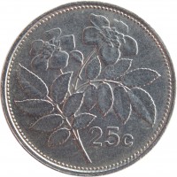 Malta coin 25 Cents (1991 - 2007) reverse reverse of 25 Cents (1991 - 2007) coin with KM# 97 from Malta. Inscription: 25 c