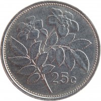 reverse of 25 Cents (1991 - 2007) coin with KM# 97 from Malta. Inscription: 25 c