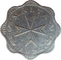 obverse of 2 Mils (1972 - 2007) coin with KM# 5 from Malta. Inscription: MALTA 1972