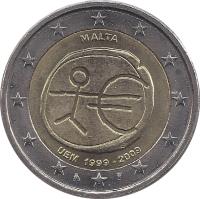 obverse of 2 Euro - 10 Years of EMU (2009) coin with KM# 134 from Malta. Inscription: MALTA UEM 1999-2009