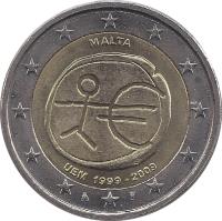 Malta coin 2 Euro - 10 Years of EMU (2009) obverse obverse of 2 Euro - 10 Years of EMU (2009) coin with KM# 134 from Malta. Inscription: MALTA UEM 1999-2009
