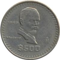 reverse of 500 Pesos (1986 - 1992) coin with KM# 529 from Mexico. Inscription: $500 1988 Madero Mo