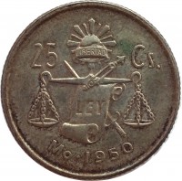 Mexico coin 25 Centavos (1950 - 1953) reverse reverse of 25 Centavos (1950 - 1953) coin with KM# 443 from Mexico. Inscription: 25 Cs. LIBERTAD LEY Mo · 1950