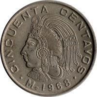 Mexico coin 50 Centavos (1964 - 1969) reverse reverse of 50 Centavos (1964 - 1969) coin with KM# 451 from Mexico. Inscription: CINCUENTA CENTAVOS Mo 1968