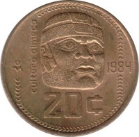 Mexico coin 20 Centavos (1983 - 1984) reverse reverse of 20 Centavos (1983 - 1984) coin with KM# 491 from Mexico. Inscription: cultura olmeca 1984 20 ¢