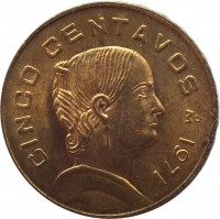 reverse of 5 Centavos - Smaller (1970 - 1976) coin with KM# 427 from Mexico. Inscription: CINCO CENTAVOS 1971