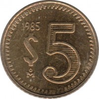 Mexico coin 5 Pesos (1985 - 1988) reverse reverse of 5 Pesos (1985 - 1988) coin with KM# 502 from Mexico. Inscription: 1985 $5