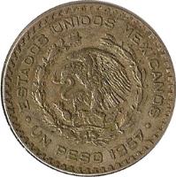 Mexico coin 1 Peso (1957 - 1967) obverse obverse of 1 Peso (1957 - 1967) coin with KM# 459 from Mexico. Inscription: ESTADOS UNIDOS MEXICANOS .UN PESO 1957.