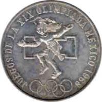 reverse of 25 Pesos - Olympic Games (1968) coin with KM# 479 from Mexico. Inscription: JUEGOS DE LA XIX OLIMPIADA MEXICO 1968