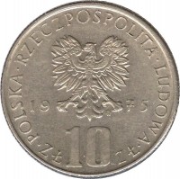 obverse of 10 Złotych - Bolesław Prus (1975 - 1984) coin with Y# 73 from Poland. Inscription: POLSKA RZECEPOSPOLITA LUDOWA 1975 ZŁ 10 ZŁ