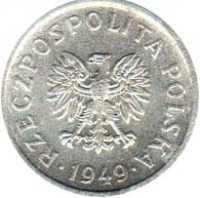 obverse of 10 Groszy (1949) coin with Y# 42a from Poland. Inscription: RZECZPOSPOLITA POLSKA · 1949 ·