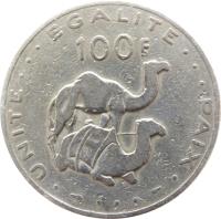 reverse of 100 Francs (1977 - 2013) coin with KM# 26 from Djibouti. Inscription: . UNITE ... EGALITE ... PAIX . 100F