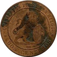 reverse of 2 Centimos - Provisional Government (1870) coin with KM# 661 from Spain. Inscription: QUINIENTAS PIEZAS EN KILOG. DOS CENTIMOS OM