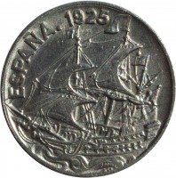 obverse of 25 Centimos - Caraba (1925) coin with KM# 740 from Spain. Inscription: ESPANA.1925