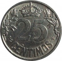 reverse of 25 Centimos - Caraba (1925) coin with KM# 740 from Spain. Inscription: 25 P · C · CÉNTIMOS · S ·