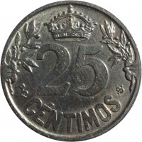 Spain coin 25 Centimos - Caraba (1925) reverse reverse of 25 Centimos - Caraba (1925) coin with KM# 740 from Spain. Inscription: 25 P · C · CÉNTIMOS · S ·