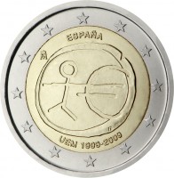 obverse of 2 Euro - Juan Carlos I - 10 Years of EMU (2009) coin with KM# 1142 from Spain. Inscription: ESPAÑA M UEM 1999-2009