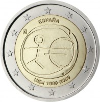 Spain coin 2 Euro - Juan Carlos I - 10 Years of EMU (2009) obverse obverse of 2 Euro - Juan Carlos I - 10 Years of EMU (2009) coin with KM# 1142 from Spain. Inscription: ESPAÑA M UEM 1999-2009