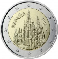 obverse of 2 Euro - Juan Carlos I - Burgos Cathedral (2012) coin with KM# 1254 from Spain. Inscription: ESPAÑA 2012 M