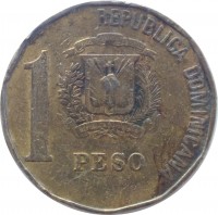Dominican Republic coin 1 Peso - Juan Pablo Duarte - Non magnetic (1991 - 2008) obverse obverse of 1 Peso - Juan Pablo Duarte - Non magnetic (1991 - 2008) coin with KM# 80 from Dominican Republic. Inscription: 1 PESO REPUBLICA DOMINICANA DIOS PATRIA LIBERTAD