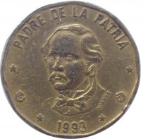 Dominican Republic coin 1 Peso - Juan Pablo Duarte - Non magnetic (1991 - 2008) reverse reverse of 1 Peso - Juan Pablo Duarte - Non magnetic (1991 - 2008) coin with KM# 80 from Dominican Republic. Inscription: PADRE DE LA PATRIA 1993 DUARTE