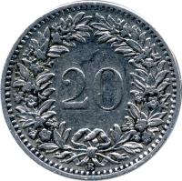reverse of 20 Rappen (1881 - 1938) coin with KM# 29 from Switzerland. Inscription: 20 B