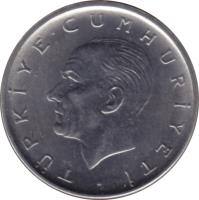 obverse of 1 Lira (1959 - 1980) coin with KM# 889a from Turkey. Inscription: TÜRKİYE CUMHURİYETİ