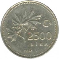 Turkey coin 2500 Lira (1991 - 1997) reverse reverse of 2500 Lira (1991 - 1997) coin with KM# 1015 from Turkey. Inscription: 2500 LIRA 1992