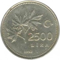 reverse of 2500 Lira (1991 - 1997) coin with KM# 1015 from Turkey. Inscription: 2500 LIRA 1992