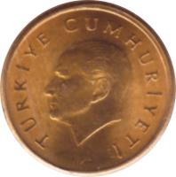 obverse of 1000 Lira (1995 - 1998) coin with KM# 1028 from Turkey. Inscription: TURKIYE CUMHURIYETI