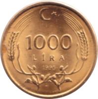 reverse of 1000 Lira (1995 - 1998) coin with KM# 1028 from Turkey. Inscription: 1000 LIRA 1995