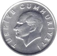 Turkey coin 5 Lira (1984 - 1989) obverse obverse of 5 Lira (1984 - 1989) coin with KM# 963 from Turkey. Inscription: TÜRKİYE CUMHURİYETİ