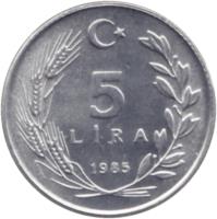 Turkey coin 5 Lira (1984 - 1989) reverse reverse of 5 Lira (1984 - 1989) coin with KM# 963 from Turkey. Inscription: 5 LİRA 1987
