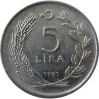 Turkey coin 5 Lira - Smaller; Crescent to left (1981) reverse reverse of 5 Lira - Smaller; Crescent to left (1981) coin with KM# 944 from Turkey.