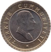 obverse of 50 Yeni Kuruş (2005 - 2008) coin with KM# 1168 from Turkey. Inscription: TÜRKİYE CUMHURİYETİ