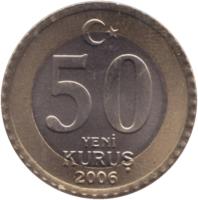 Turkey coin 50 Yeni Kuruş (2005 - 2008) reverse reverse of 50 Yeni Kuruş (2005 - 2008) coin with KM# 1168 from Turkey. Inscription: 50 YENİ KURUŞ 2005
