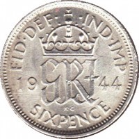 United Kingdom coin 6 Pence - George VI (1937 - 1946) reverse reverse of 6 Pence - George VI (1937 - 1946) coin with KM# 852 from United Kingdom. Inscription: FID · DEF · · IND · IMP 19 GRI 44 K. G. SIXPENCE