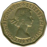 obverse of 3 Pence - Elizabeth II - With BRITT:OMN; 1'st Portrait (1953) coin with KM# 886 from United Kingdom. Inscription: + ELIZABETH II DEI GRA:BRITT:OMN:REGINA F:D: