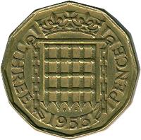 United Kingdom coin 3 Pence - Elizabeth II - With BRITT:OMN; 1'st Portrait (1953) reverse reverse of 3 Pence - Elizabeth II - With BRITT:OMN; 1'st Portrait (1953) coin with KM# 886 from United Kingdom. Inscription: W G THREE 1953 PENCE