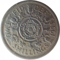 United Kingdom coin 2 Shillings - Elizabeth II - With BRITT:OMN; 1'st Portrait (1953) reverse reverse of 2 Shillings - Elizabeth II - With BRITT:OMN; 1'st Portrait (1953) coin with KM# 892 from United Kingdom. Inscription: FID: DEF: E · F C · T TWO SHILLINGS 1953