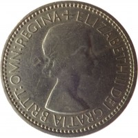 obverse of 1 Shilling - Elizabeth II - English crest; With BRITT:OMN; 1'st Portrait (1953) coin with KM# 890 from United Kingdom. Inscription: + ELIZABETH II DEI GRATIA BRITT:OMN:REGINA