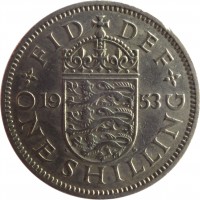 reverse of 1 Shilling - Elizabeth II - English crest; With BRITT:OMN; 1'st Portrait (1953) coin with KM# 890 from United Kingdom. Inscription: FID DEF 19 53 W G ONE SHILLING